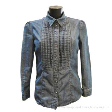 Ladies Denim Shirt with Gathers on Shoulder and Pleats at Front